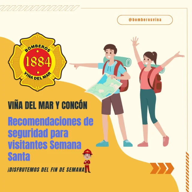 👩🏻‍🚒SEMANA•SANTA•SEGURA👨🏻‍🚒 Ya comenzó el fin de semana largo y nuestra jurisdicción recibe a cientos de visitantes: queremos que sean días tranquilos para todas las personas que visita nuestra Región.

🧯Revisa estas recomendaciones de seguridad y compártelas con tus amigos ¡Podrían ser de gran ayuda!

¡Disfrutemos del fin de semana en Viña del Mar y Concón! 👨🏻‍🚒👩🏻‍🚒 

#bomberosvina #bomberosdechile #seguridad #vinadelmar #concon #viña