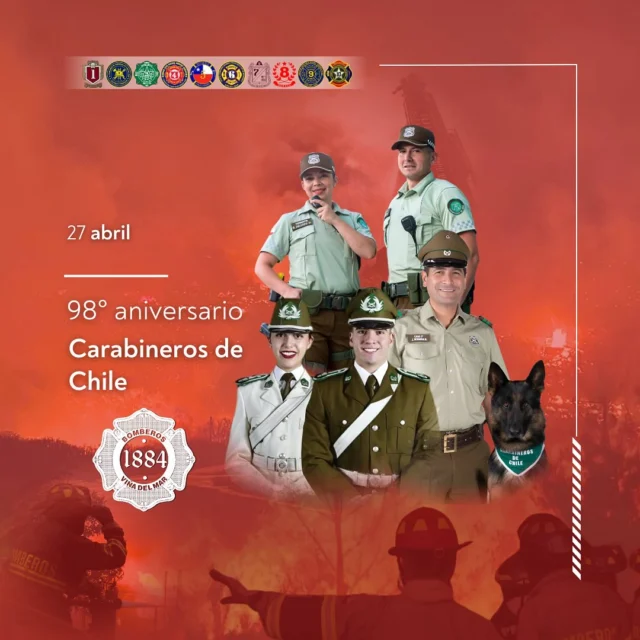 👨🏻‍🚒SALUDO•CARABINEROS👩🏻‍🚒 Al conmemorarse los 98 años de vida institucional de Carabineros de Chile, en nombre del Honorable Directorio General, nuestro Superintendente, señor Hernán Pérez Parra, hace llegar un fraternal saludo a la Jefa de Zona Valparaíso, la General, Patricia Vásquez Muñoz -y por su intermedio- a cada persona que es parte de la institución, tanto dentro de la Región como a lo largo del país.

Pérez Parra aprovecha la ocasión para reconocer el gran aporte que, quienes integran Carabineros de Chile, realizan a diario, especialmente durante las labores de emergencia; contribuyendo sustancialmente con diversas tareas de salvataje y con su constante apoyo al trabajo de nuestras Compañías.

#bomberosvina #bomberosdechile #viñadelmar #concon