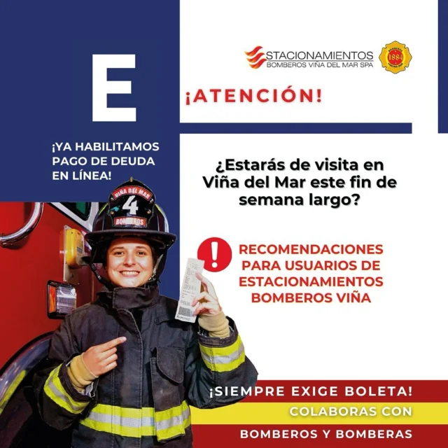 🚗ESTACIONAMIENTOS🚙 ¿Vas a visitar  Viña del Mar y Concón, por el fin de semana largo de Semana Santa? ¿Vas a visitar la playa junto a tu familia o amigos? ¿Sabes que los estacionamientos recaudan dinero para nuestras 10  Compañías?👩🏻‍🚒👨🏻‍🚒

🚗🚙 Te dejamos recomendaciones para que uses los estacionamientos que administra Bomberos Viña SpA de manera informada. 

📲 Si tienes dudas o consultas, puedes dejarnos un mensaje en el WhatsApp 

🔗 ¡Si necesitas pagar tu deuda ¡el link está en nuestra biografía! 

#viñadelmarchile #concon #viña #bomberosvina #estacionamiento #parkingcbvm
